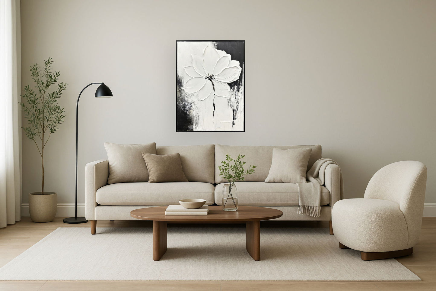 "Ethereal Blossom II" Hand-Painted Canvas In Frame - White / Black