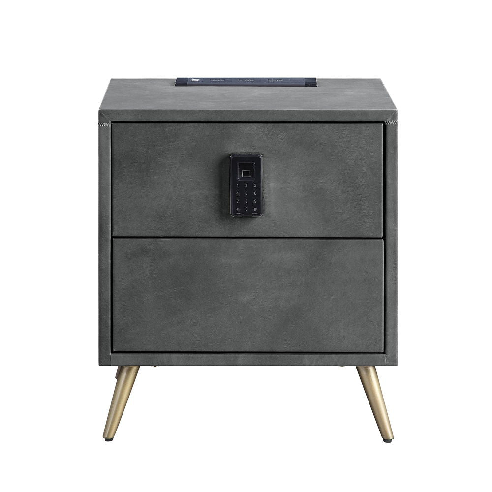 Doris - Nightstand With USB & Electric Lock - Gray Top Grain Leather