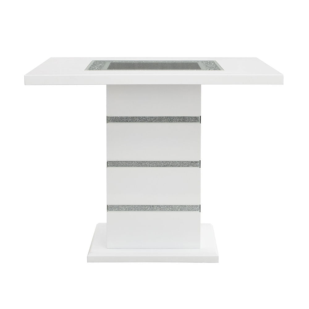 Elizaveta - Counter Height Table With Pedestal Base - Faux Crystal Diamonds & White High Gloss