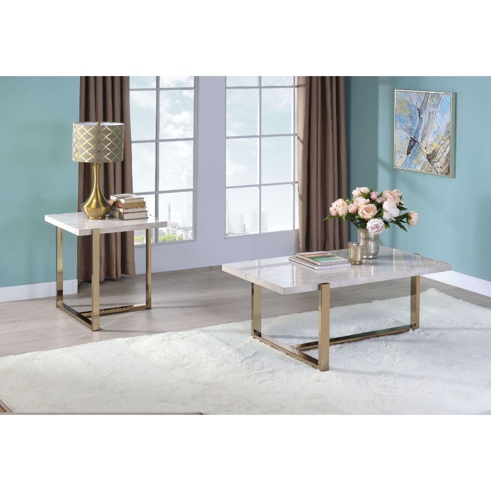 Feit - Coffee Table - Faux Marble Top & Champagne