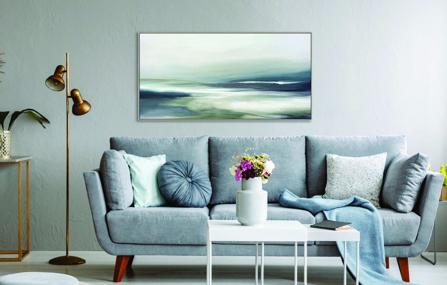 "Serene Horizon" Hand-Embellished Canvas In Frame - Blue / Gray