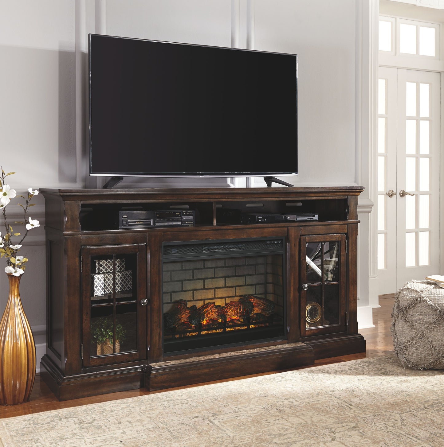 Roddinton - 2 Pc. - 74" TV Stand with Electric Infrared Fireplace Insert - Dark Brown
