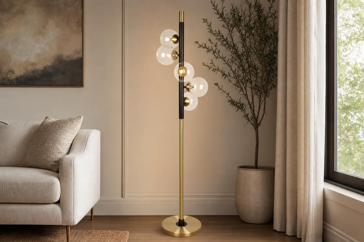 "Luminous Orbit" Metal Floor Lamp - Matte Black / Soft Gold / Clear