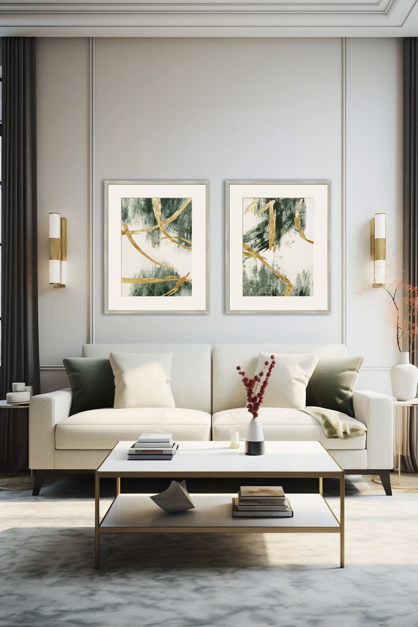 "Golden Strokes II" Hand-Embellished Canvas Framed Under Acrylic - Silver / Green / Gold