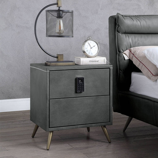 Doris - Nightstand With USB & Electric Lock - Gray Top Grain Leather