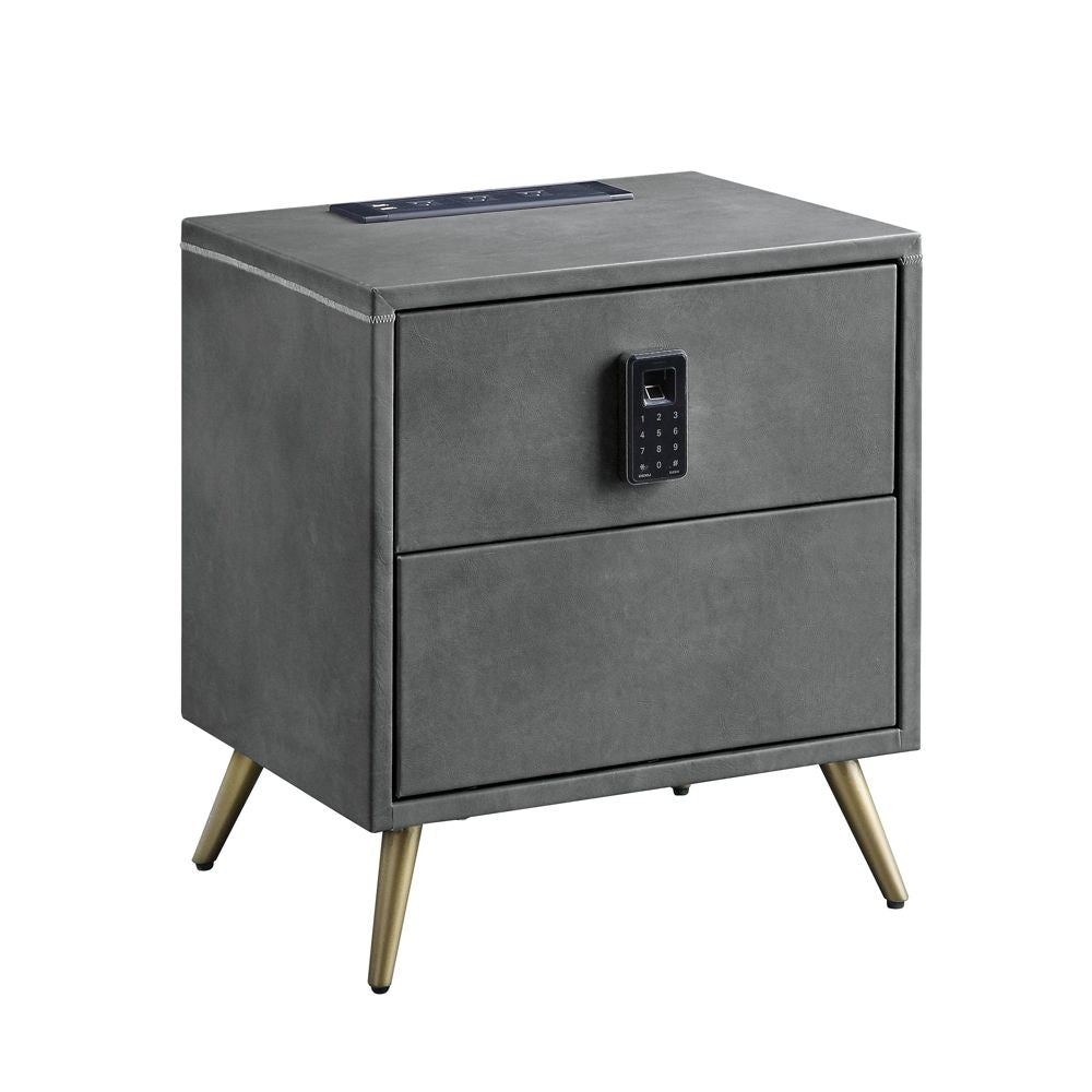 Doris - Nightstand With USB & Electric Lock - Gray Top Grain Leather