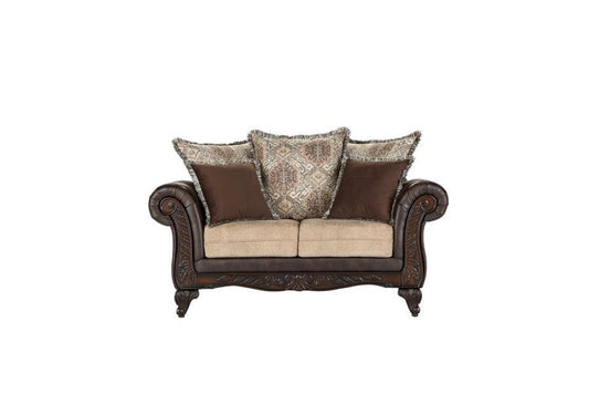 Elmbrook - Upholstered Rolled Arm Loveseat With Intricate Wood Carvings - Brown