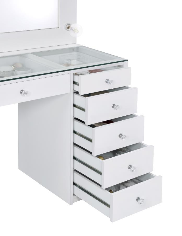 Acena - 7-Drawer Glass Top Vanity Desk With Lighting - White