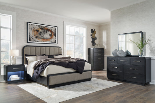 Rowanbeck - Gray / Black - 5 Pc. - Dresser, Mirror, Chest, King Upholstered Panel Bed